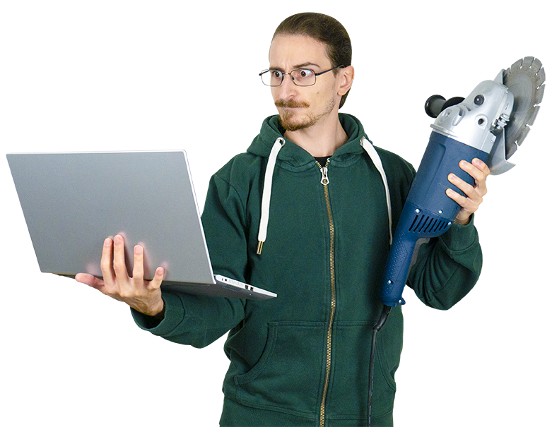 Picture of Lord Broblord holding a computer and an angle grinder