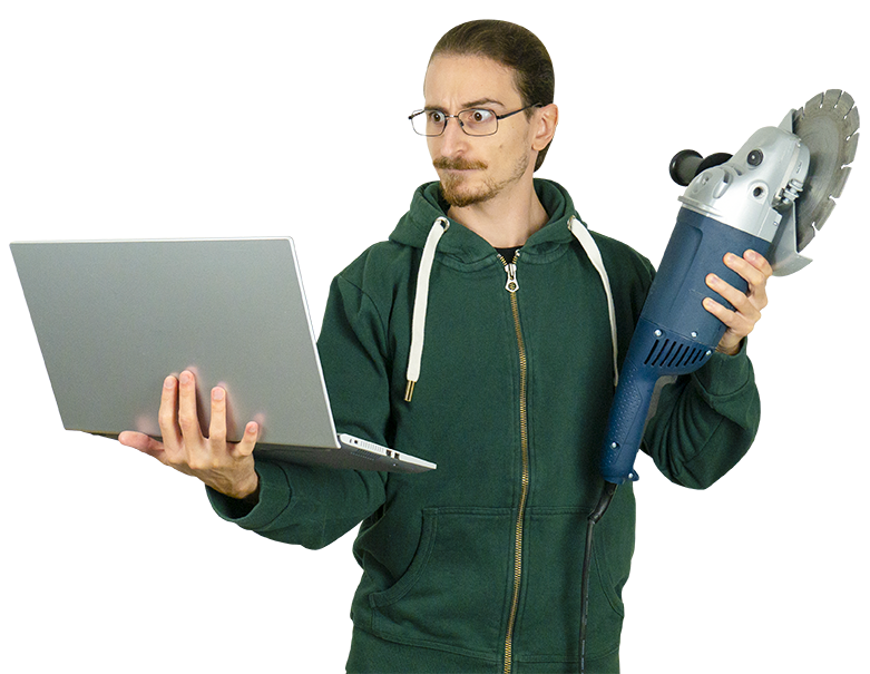 Picture of Lord Broblord holding a computer and an angle grinder